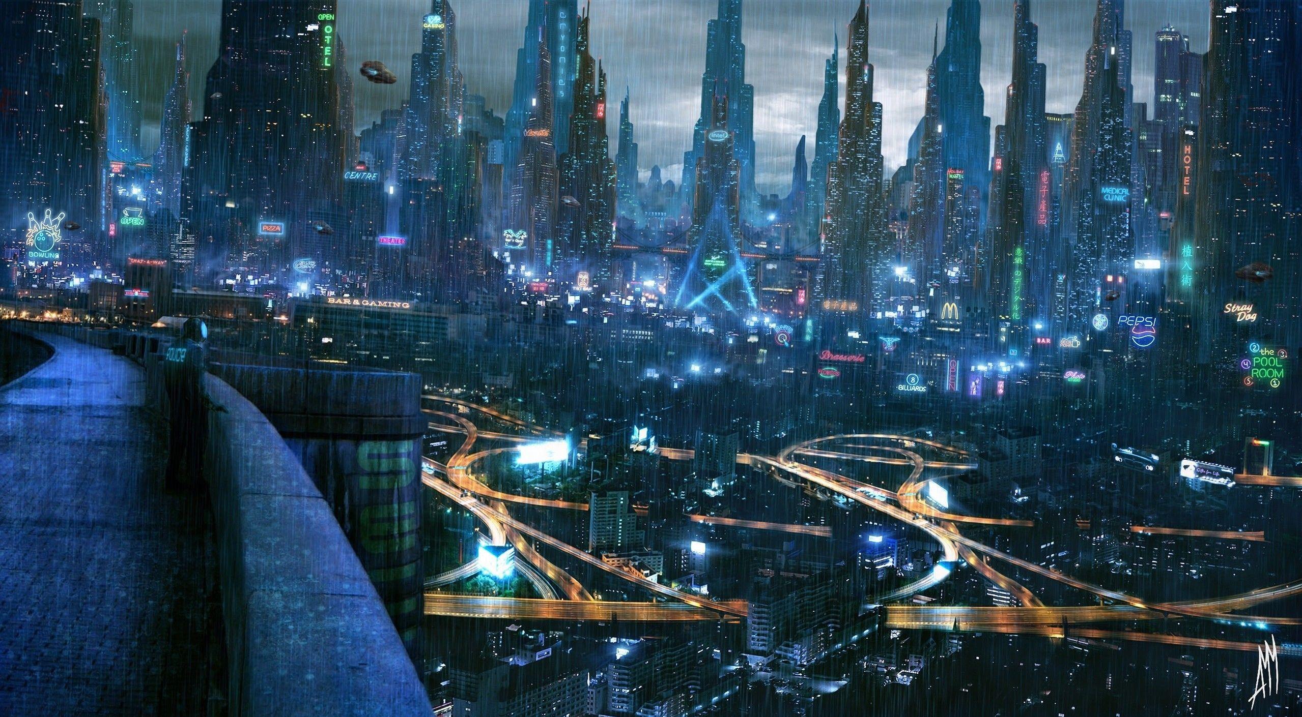 2558x1410 futuristic city artwork cityscape digital art lights rain night skyscraper wallpaper