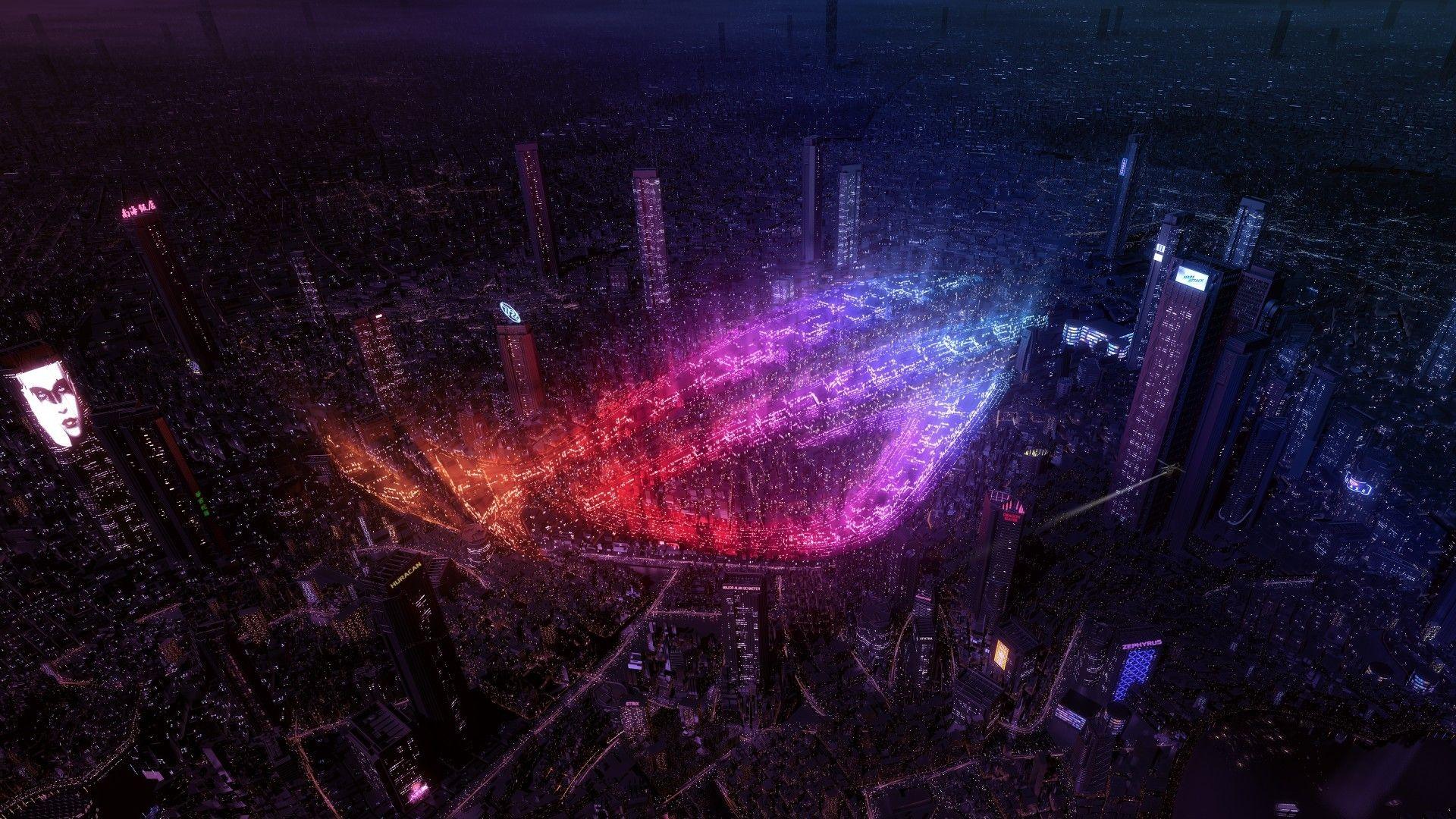 1920x1080 Download 1920x1080 Asus Republic Of Gamers, Skyscrapers, Cityscape, Technology, Digital Art, Rog Wallpaper for Widescreen