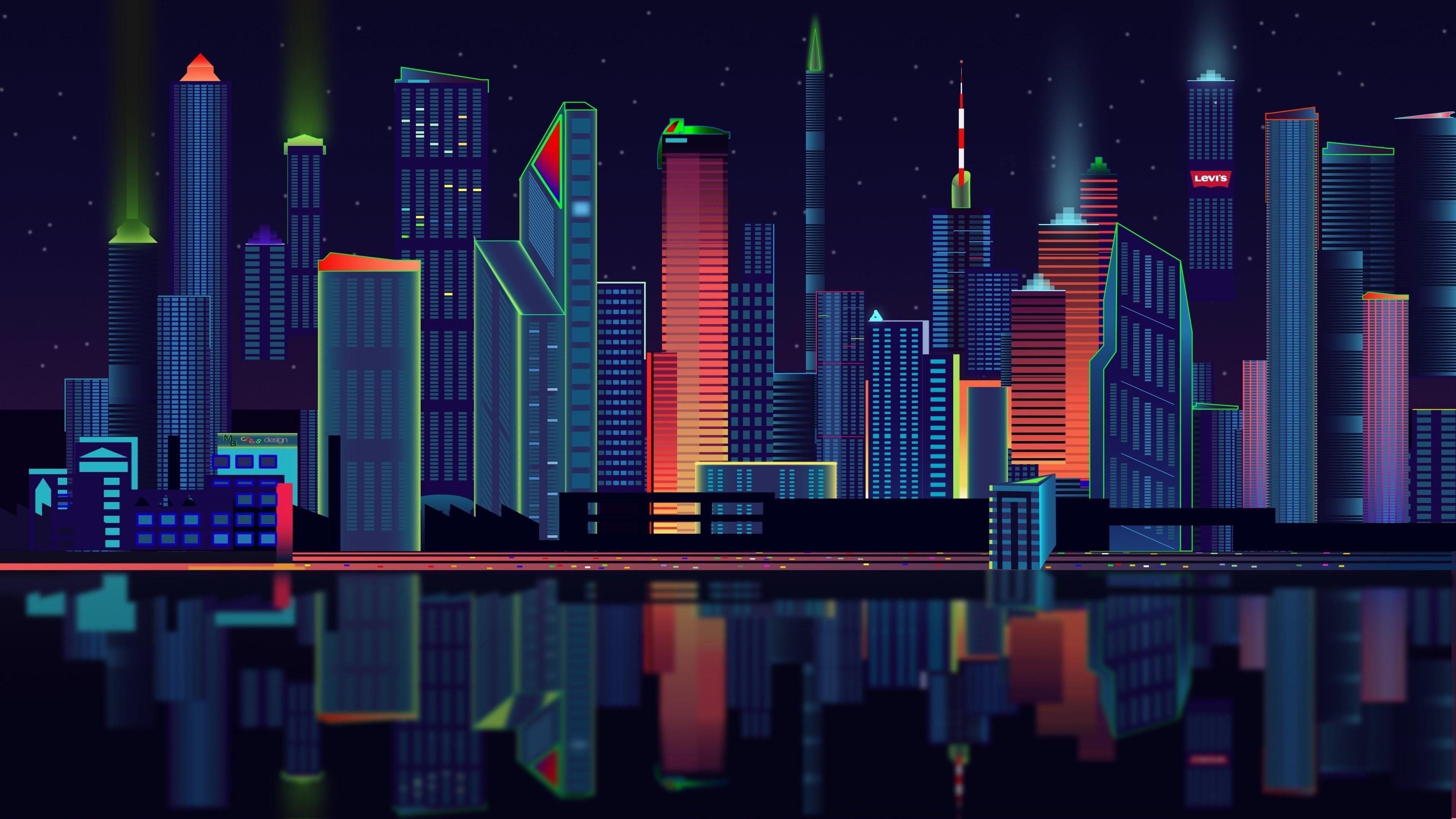 3840x2160 tower block city lights night sky #reflection retro style retrowave art #downtown #retrowave #neon #line #cityscape #night retro art #pu. Wallpaper ponsel, Desain
