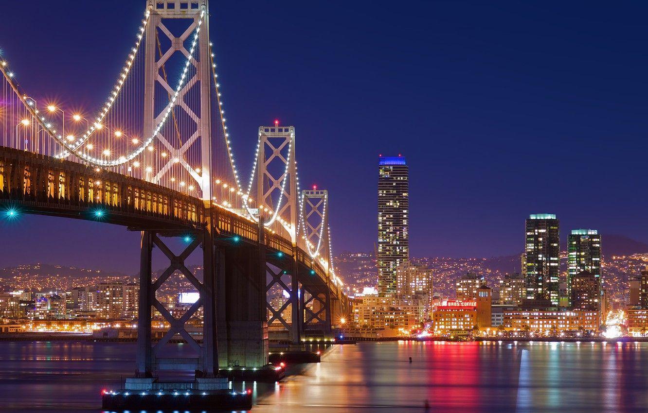 1332x850 Wallpaper night, bridge, the city, lights, San Francisco, San Francisco image for desktop, section город