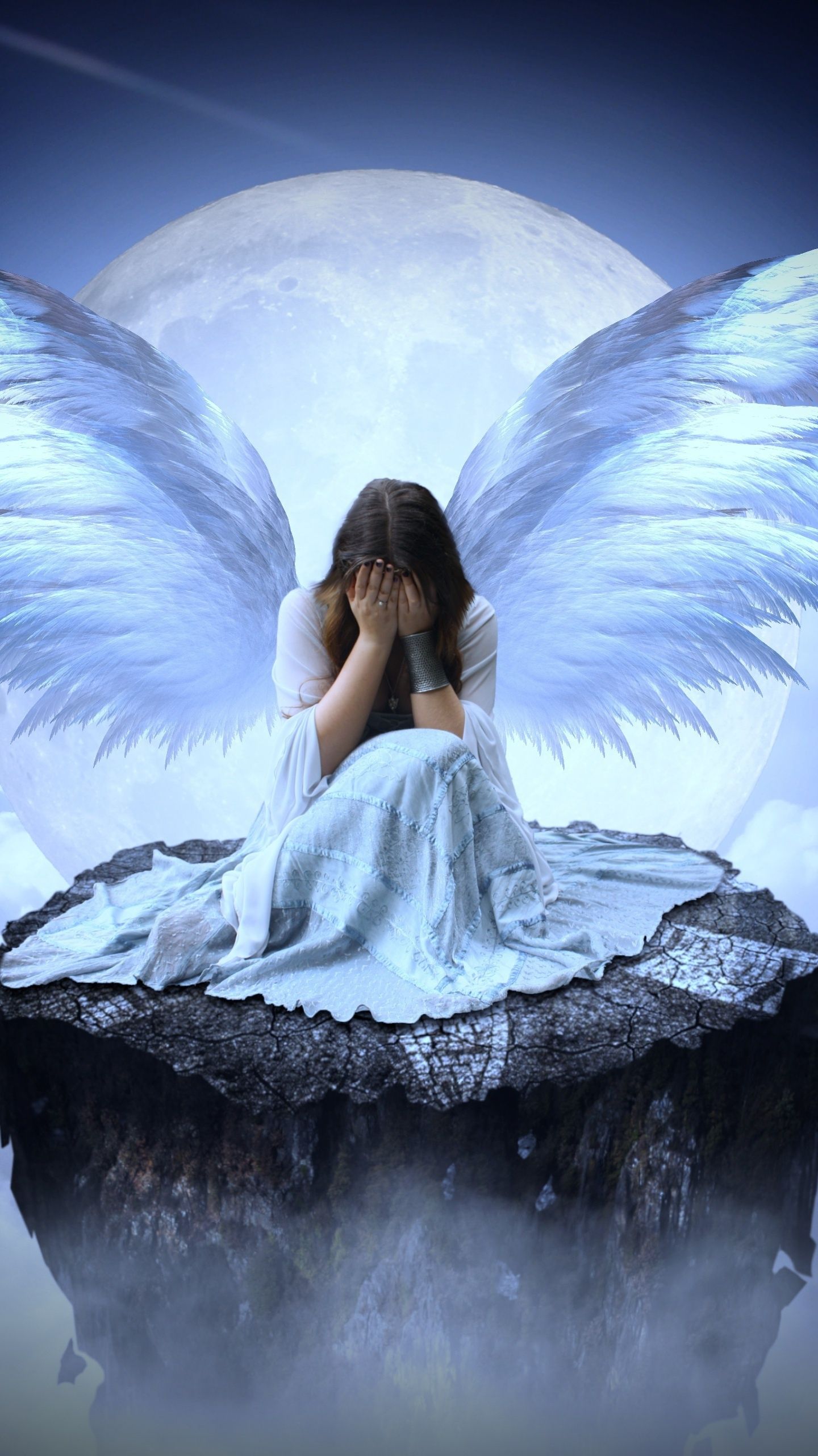 1440x2560 Sad girl Wallpaper 4K, Fairy, Angel wings, Eyes closed