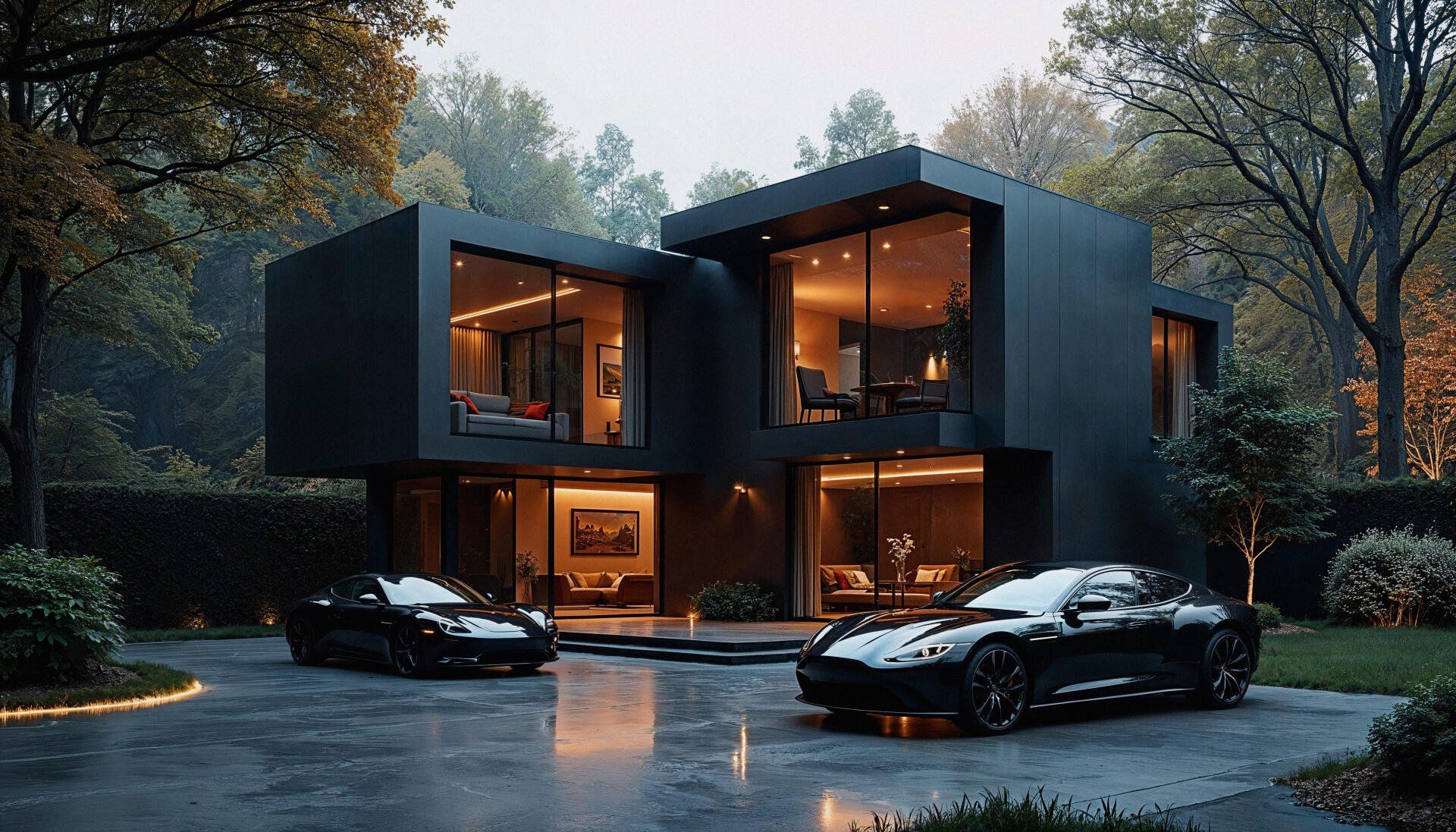 1920x1097 Midnight Luxe: Modern Home with Supercars
