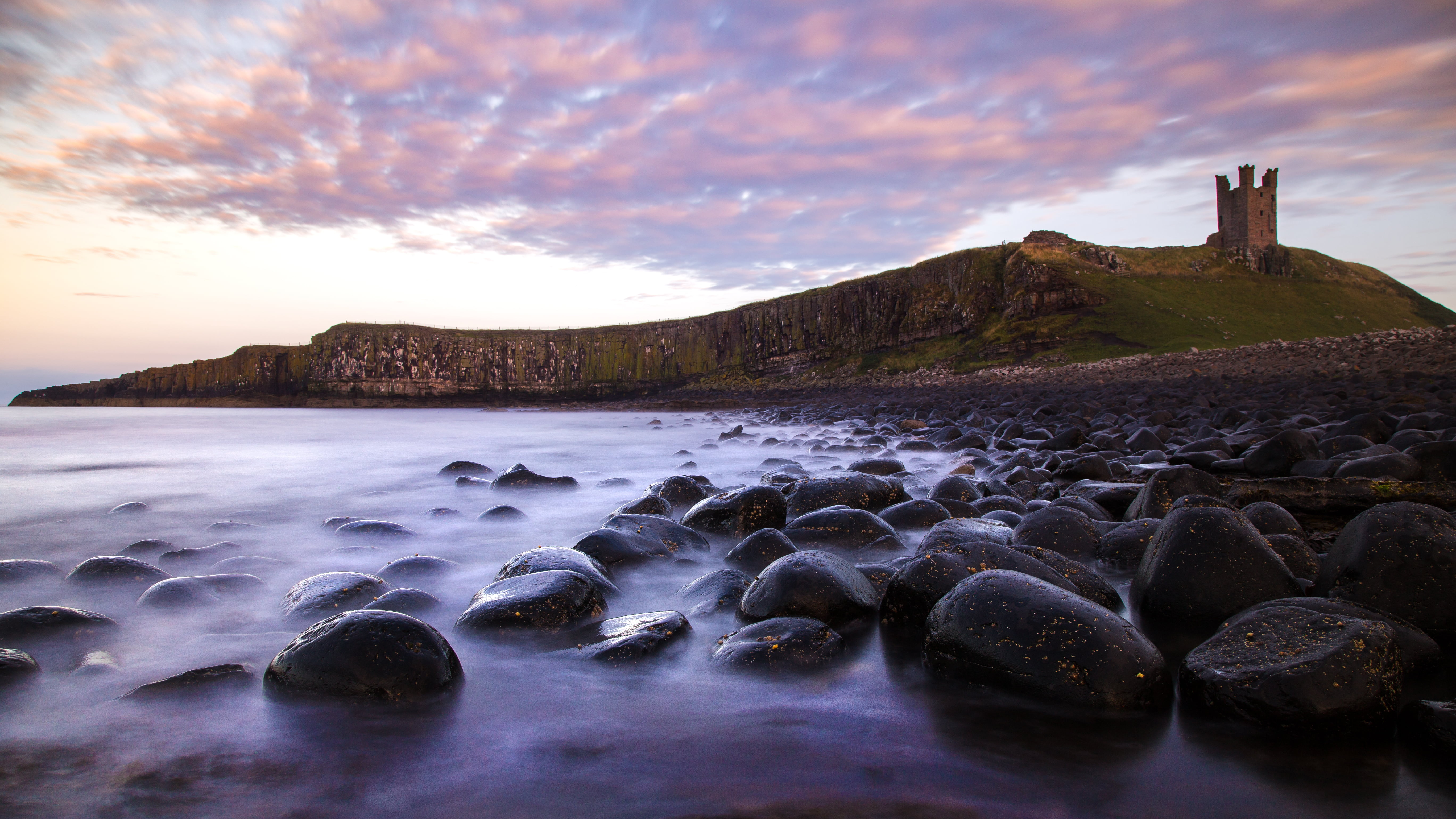 5472x3078 Stone near body of water with view of rock cliff, dunstanburgh castle, england HD wallpaper