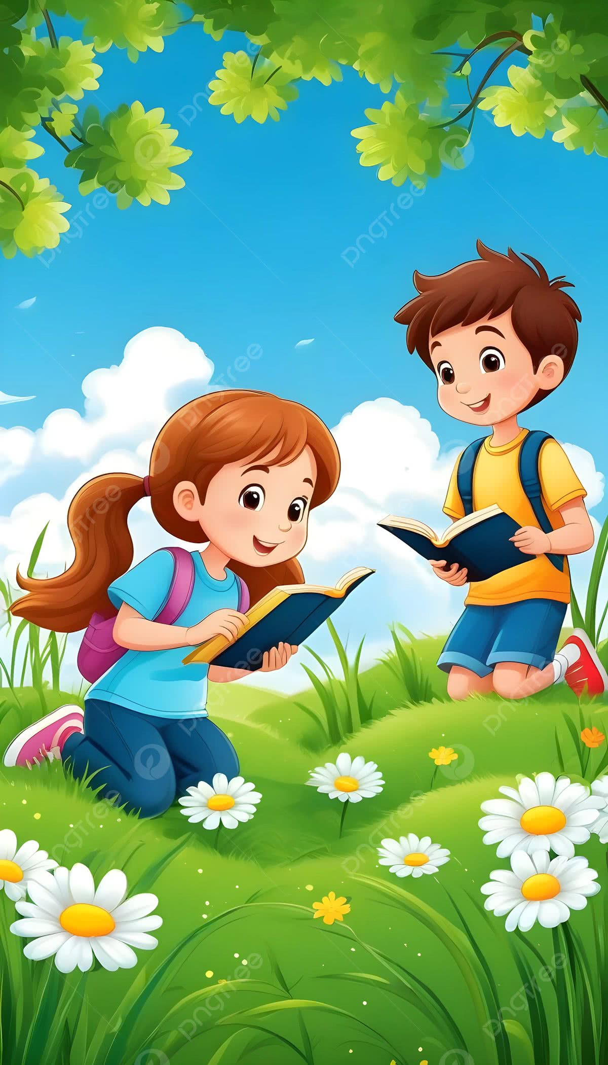 1200x2100 Cartoon Kids Boy And Girl Learning Wallpaper Background Wallpaper Image For Free Download