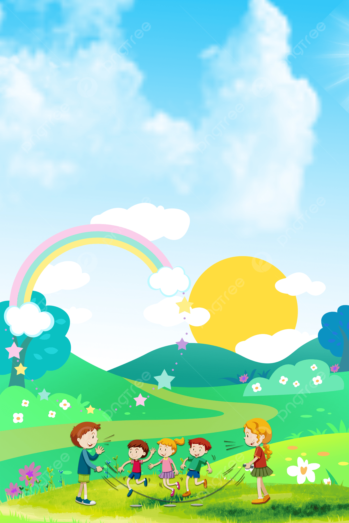 1200x1799 Cartoon Kid Rainbow Light Green Background Material Wallpaper Image For Free Download
