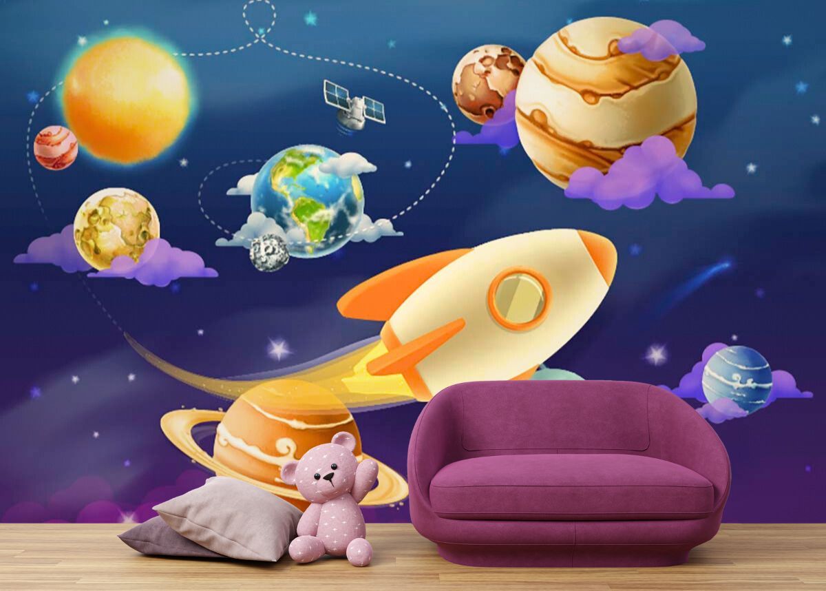 1200x858 Kids Room Wallpaper cartoon rocket flying in the sky with planets and stars
