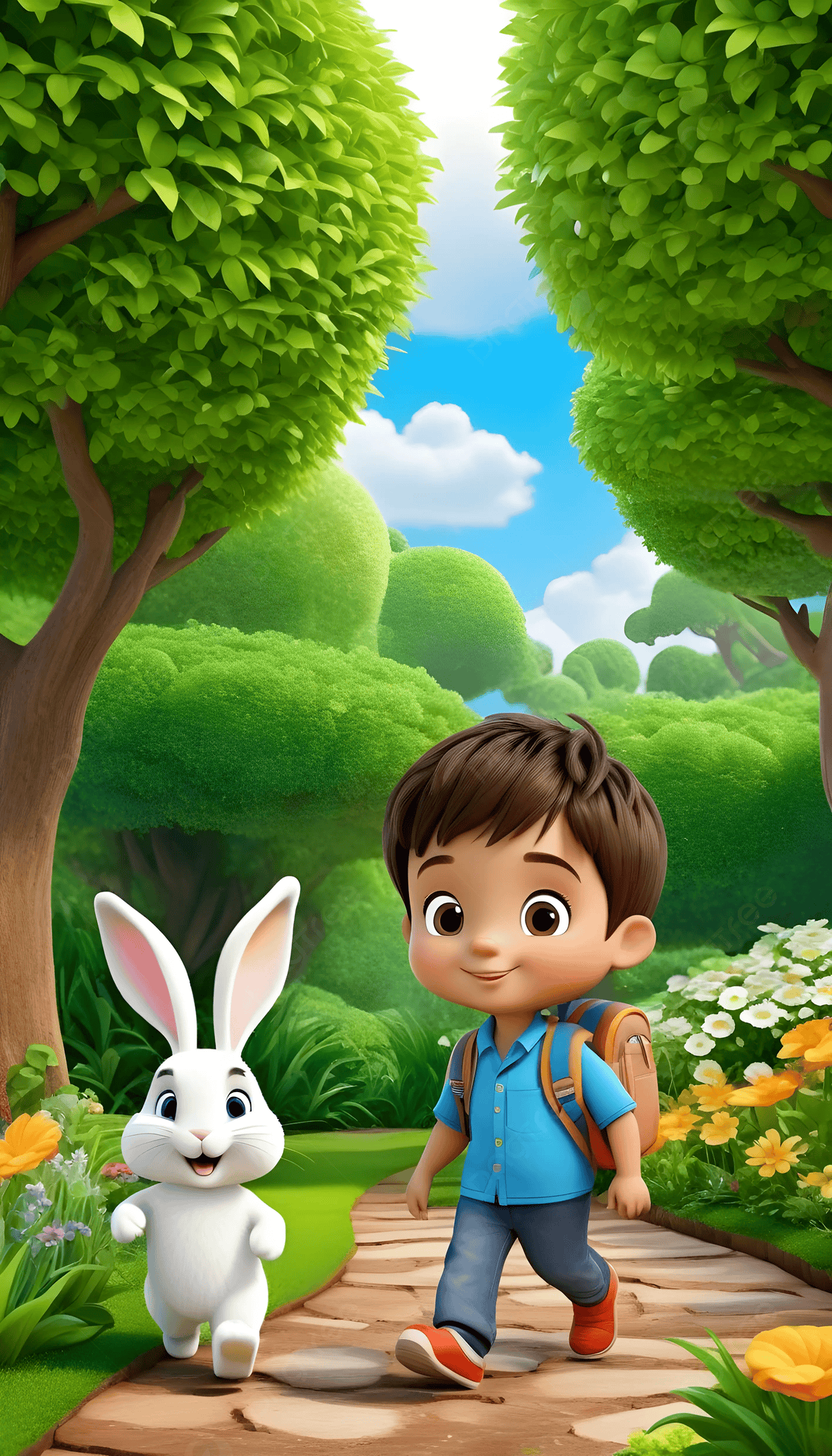 1200x2100 Cartoon Kids And Rabbit Walking Wallpaper Background Wallpaper Image For Free Download