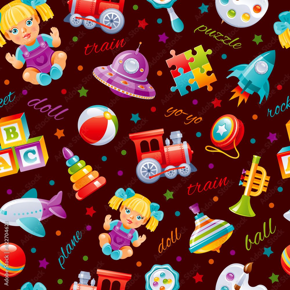 1000x1000 Toy pattern background. Baby seamless vector. Kid cartoon wallpaper for girl, boy. Cute game set with plane, train, yo, ball, doll, pyramid, puzzle, blocks, rocket, UFO, whirligig. Children s top play Stock