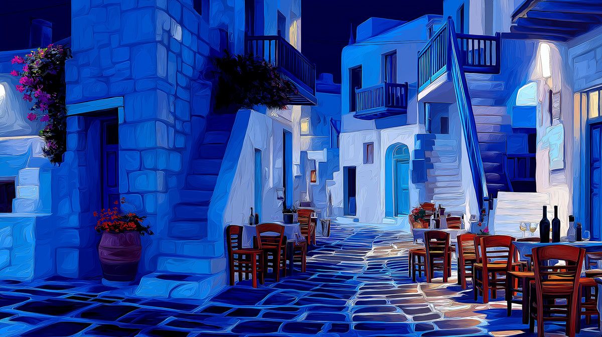 1200x673 Midnight Greek Alleyway Mural Wallpaper