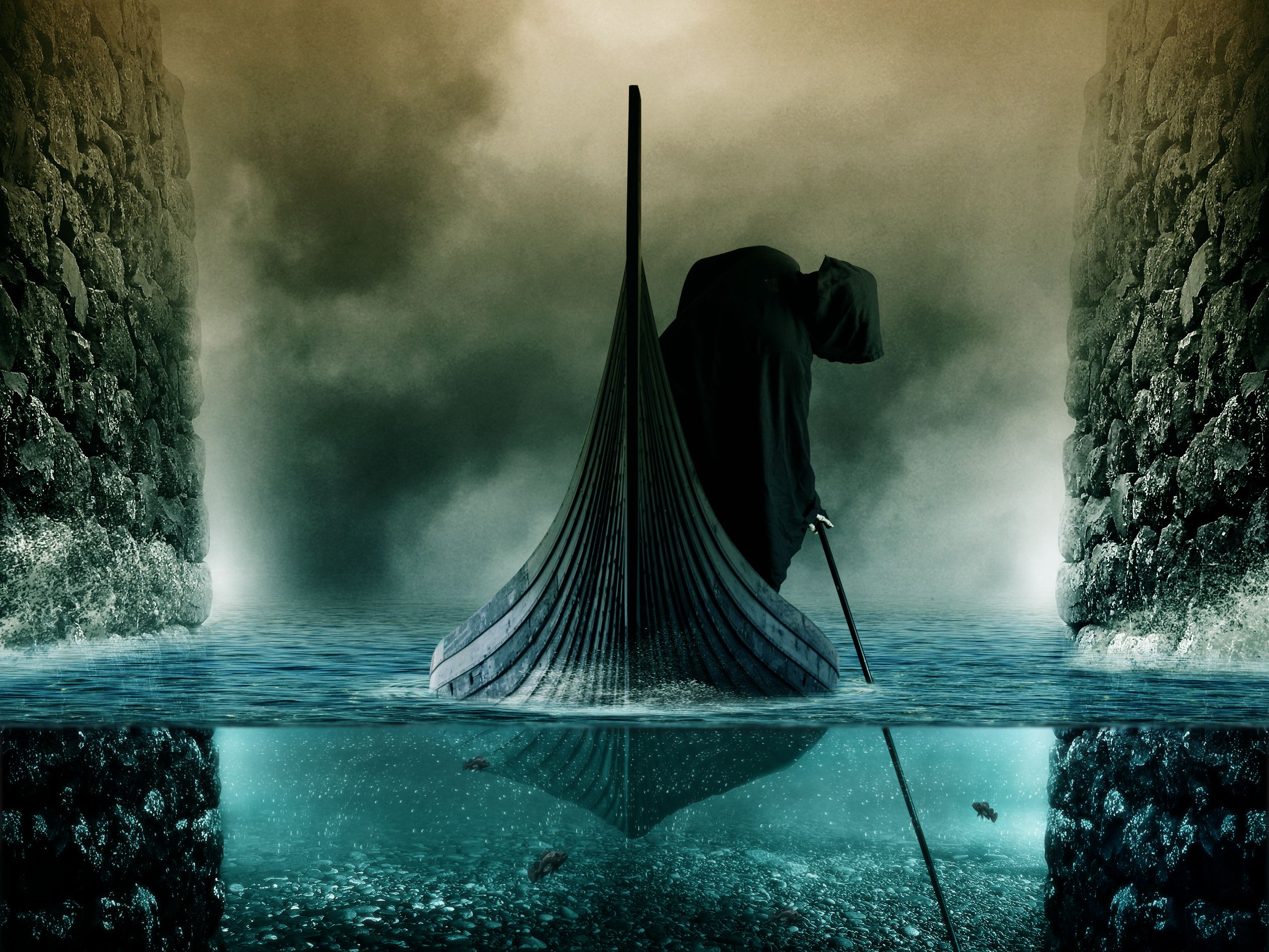 2526x1895 Desktop wallpaper: Death, Dark, Boat, Charon (Mythology), Fog, Water 4K free download for PC. 876756