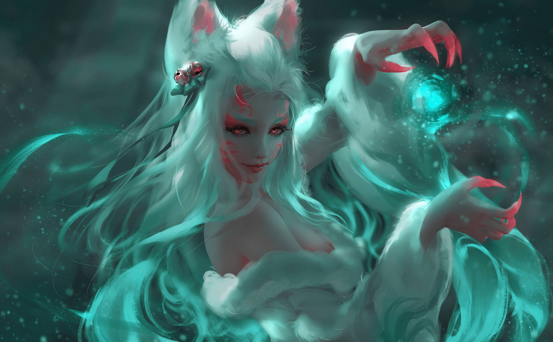 1920x1189 Ahri's Mystical Power: White Haired Fox Spirit HD Wallpaper