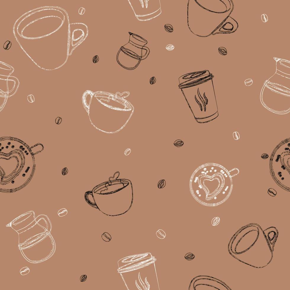 980x980 Coffee outline art elements pattern seamless vector on brown background, coffee pattern seamless wallpaper