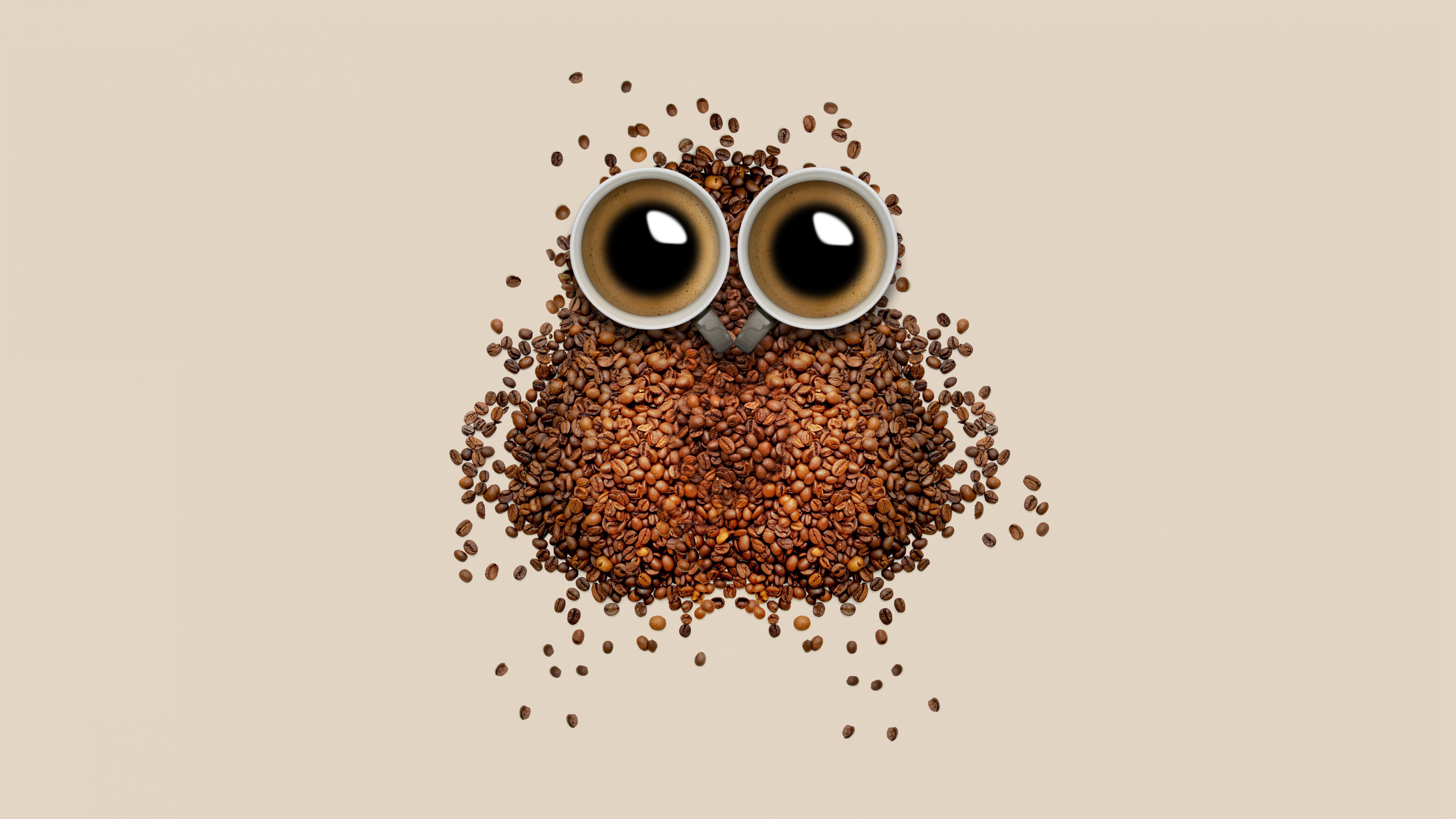 7680x4320 Coffee beans Wallpaper 4K, Owl, Coffee cup, Brown background