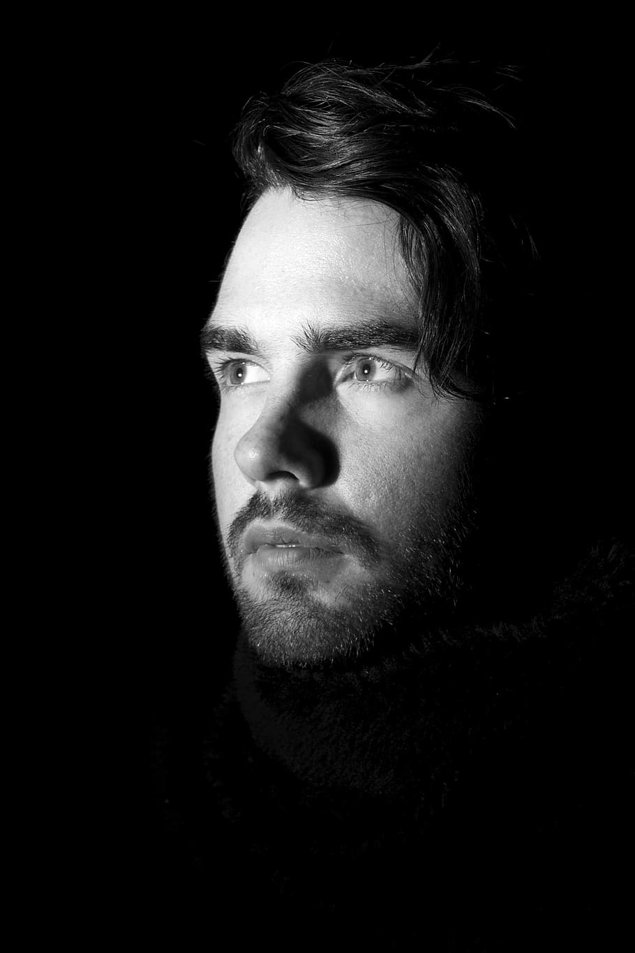 910x1365 HD wallpaper: grayscale photo of mans face, light, dark, black and white, epiphany