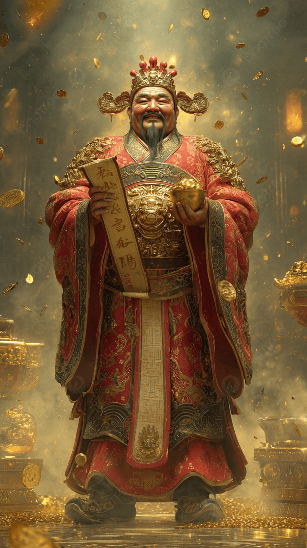 1200x2141 Chinese God Of Wealth Caishen Holding Golden Ingot And Fortune Scroll Background Wallpaper Image For Free Download