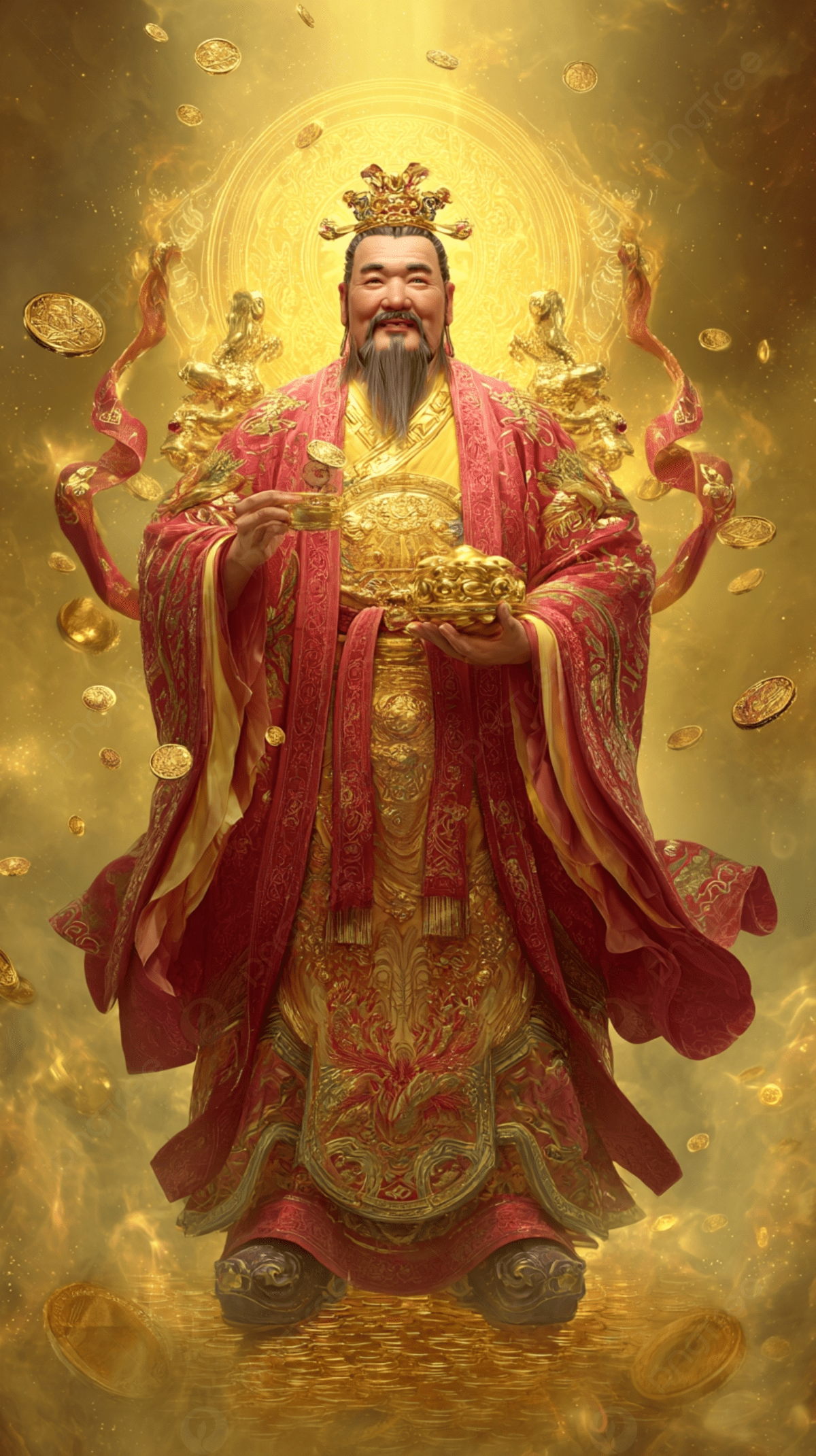 1200x2141 Chinese God Of Wealth Caishen Holding Golden Ingot And Fortune Scroll Background Wallpaper Image For Free Download
