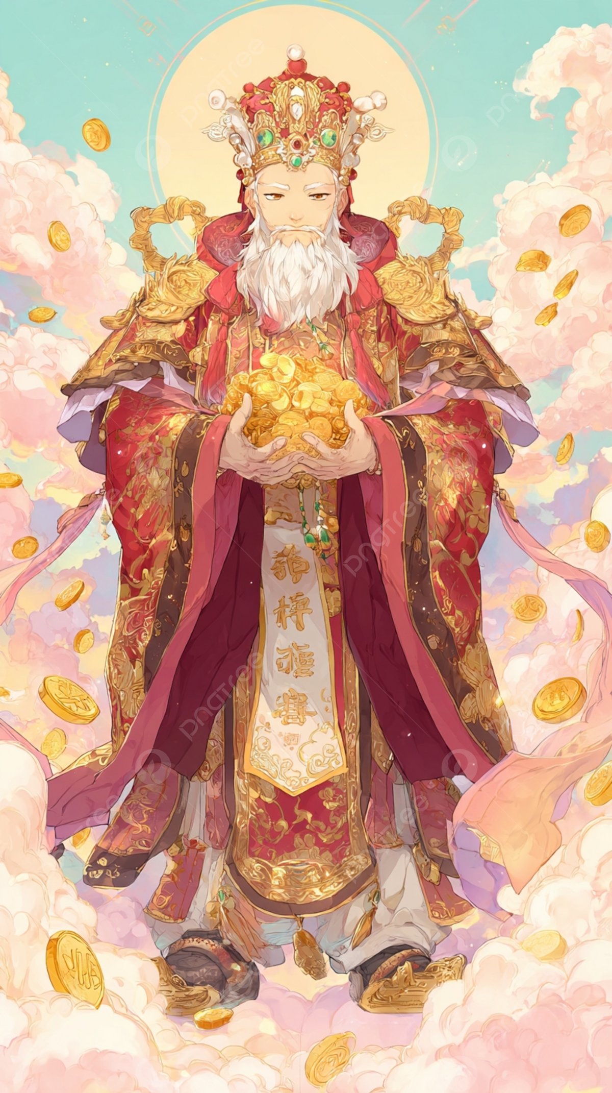 1200x2141 Chinese God Of Wealth Cai Shen Holding Gold Ingot Amidst Golden Coins Background Wallpaper Image For Free Download