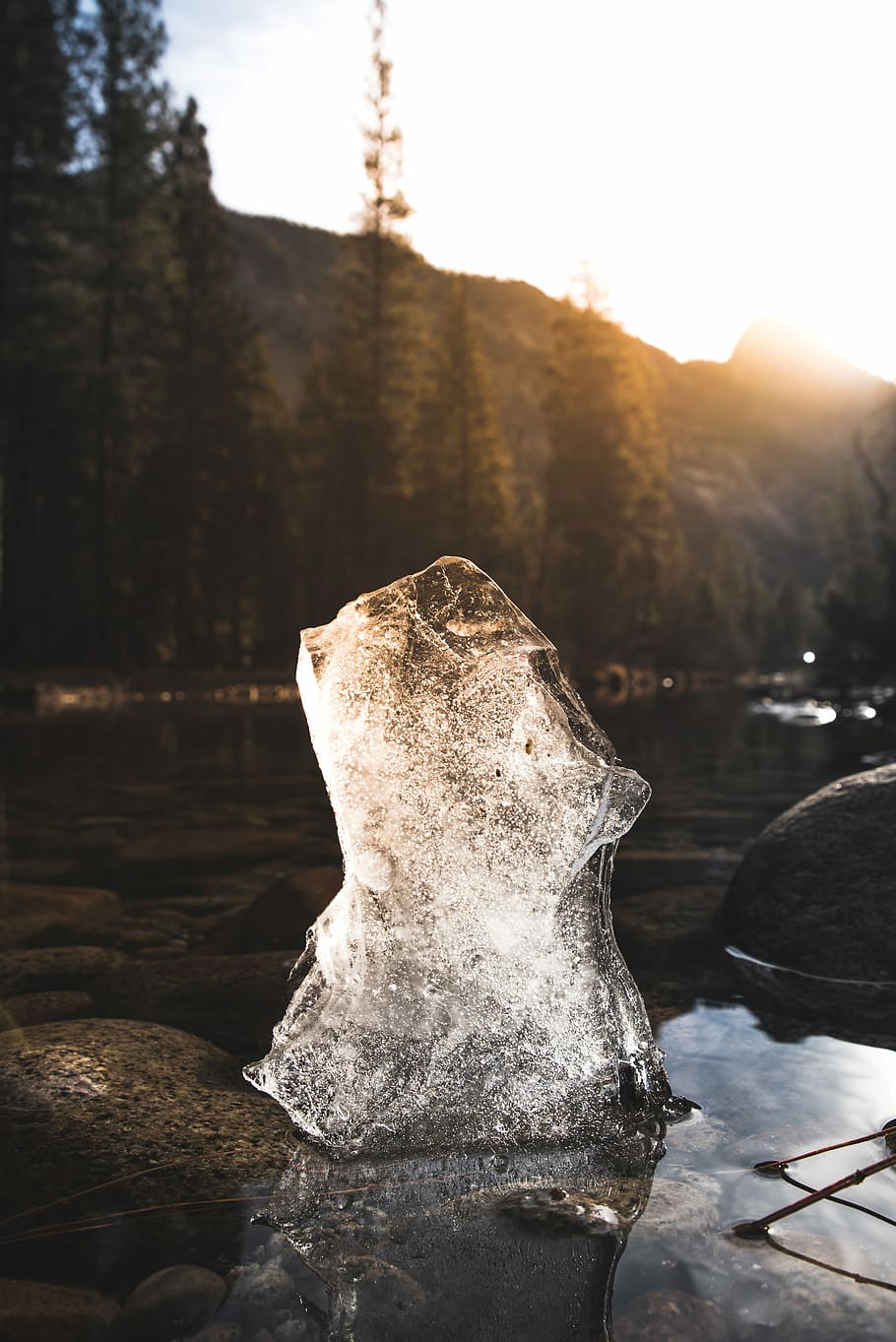 910x1363 HD wallpaper: photography of melting ice at body of water, selective focus photography of ice block on body of water
