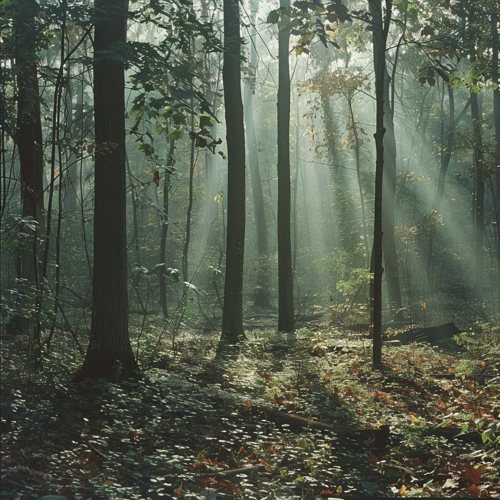 1024x1024 Download Misty forest morning Image, Mist, Trees