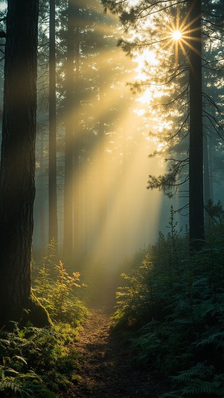 720x1280 Serene Early Morning in Dense Pine Forest with Golden Light