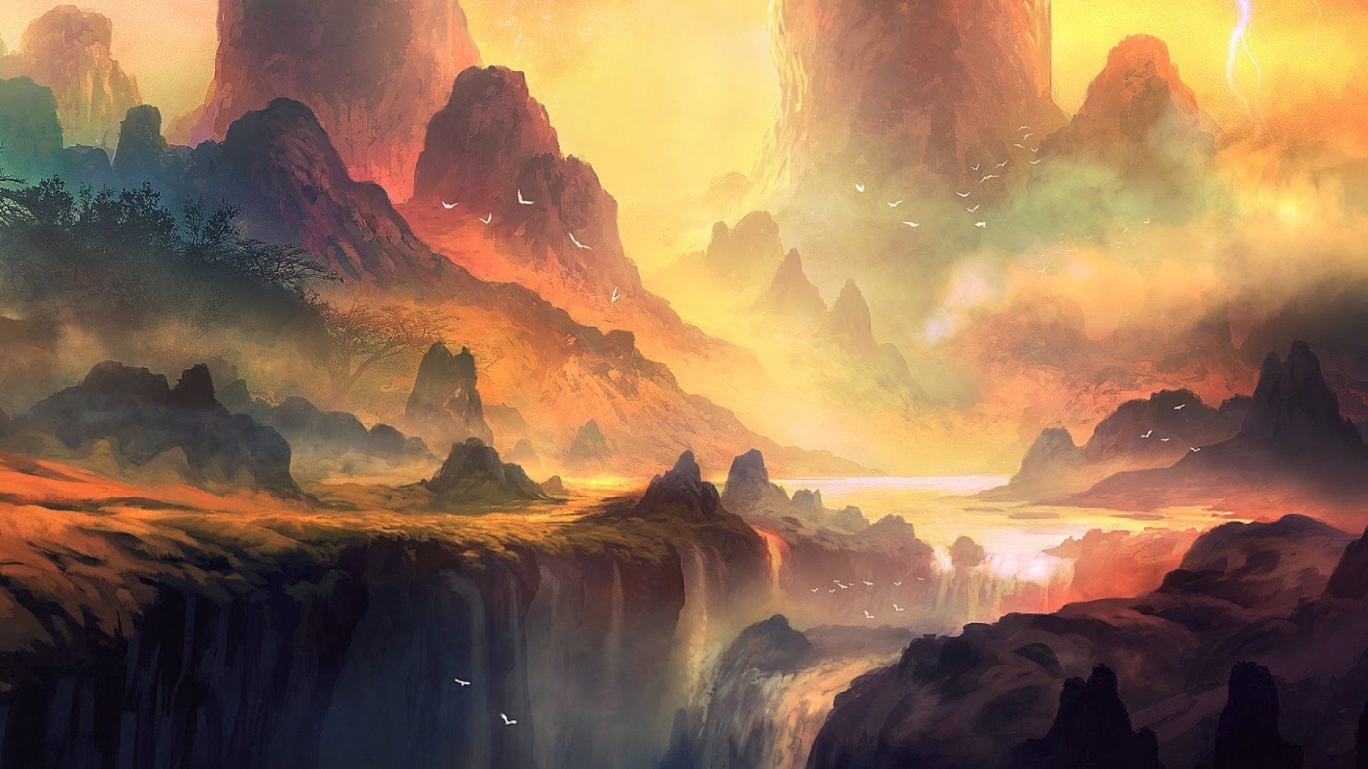 1920x1080 artwork, Fantasy, Art, Water, Fall, Mountains, Landscape, Forest, Colorful, Sunlight Wallpaper HD / Desktop and Mobile Background