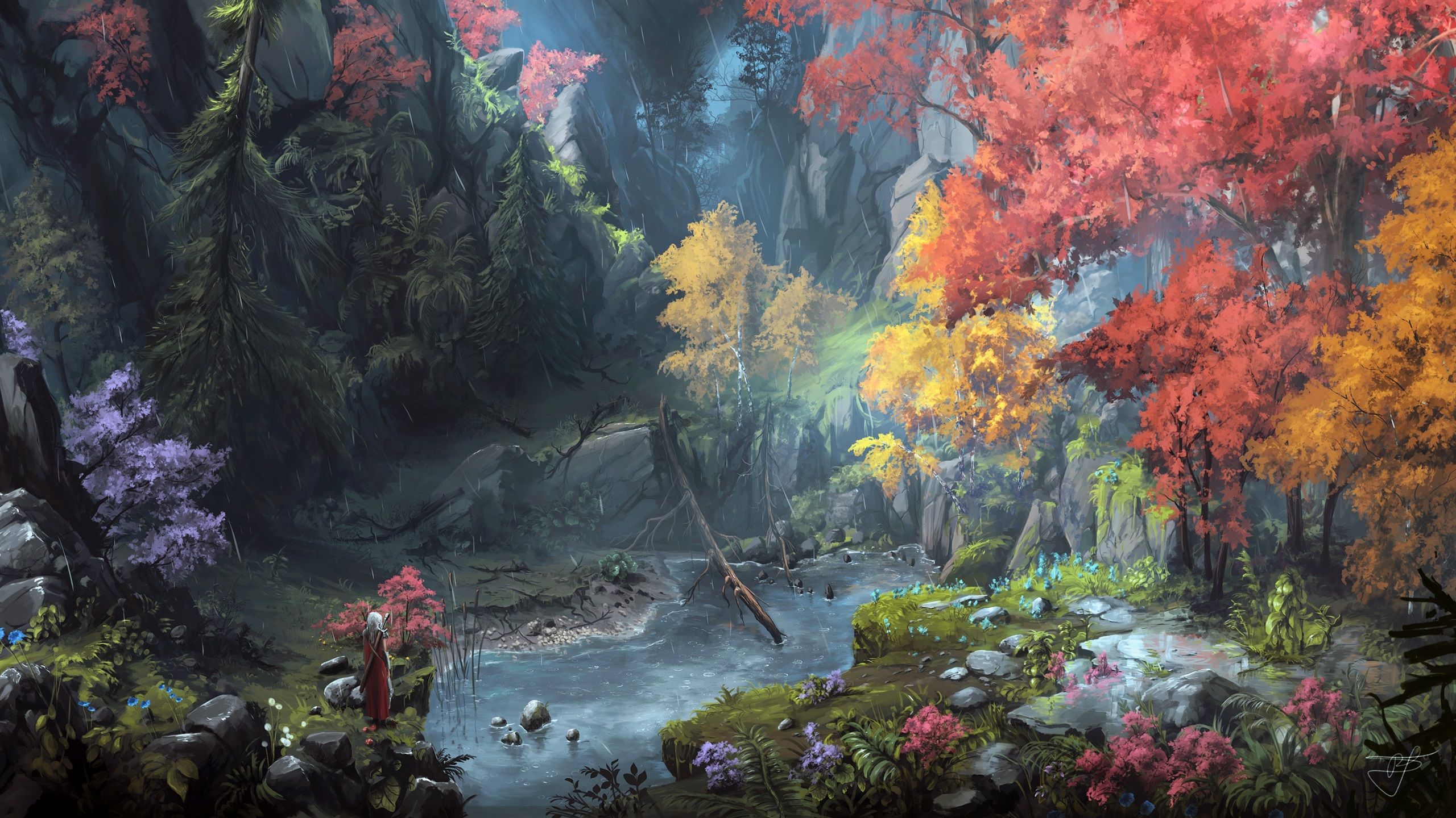 2560x1440 Wallpaper Fantasy art painting, mountains, trees, autumn 2560x1600 Picture, Image