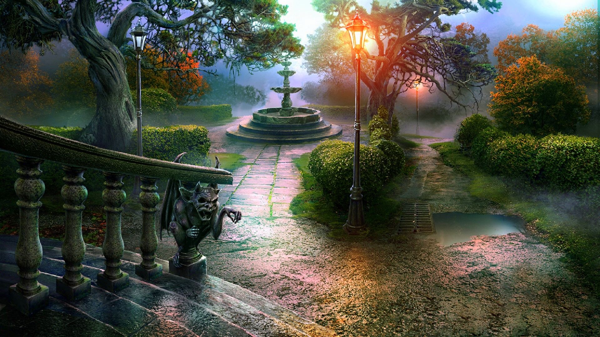 1920x1080 Desktop wallpaper: Landscape, Fantasy, Artistic, Fall, Stairs, Tree 4K free download for PC. 789519