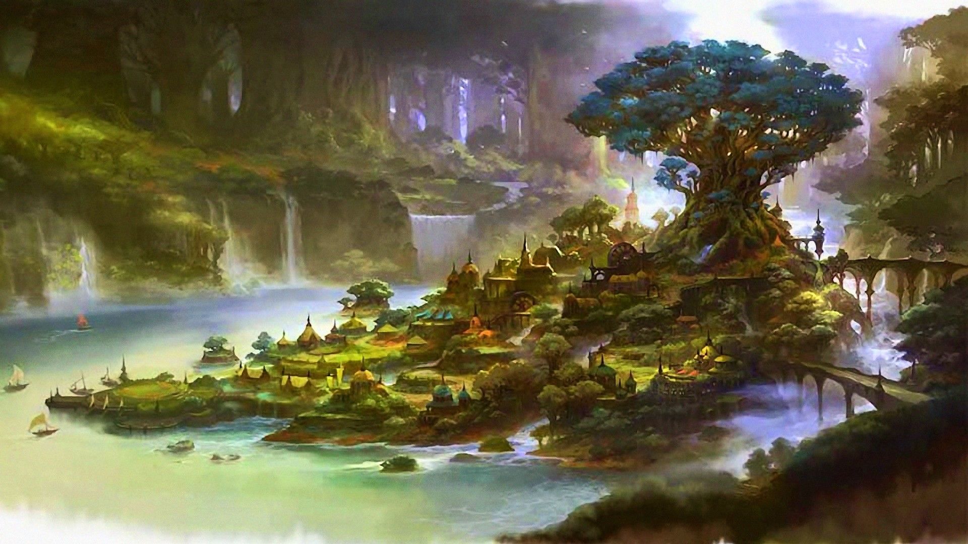 1920x1080 Final Fantasy XIV Landscape With Homes Lake And Water Fall Around Trees HD Final Fantasy XIV Games Wallpaper