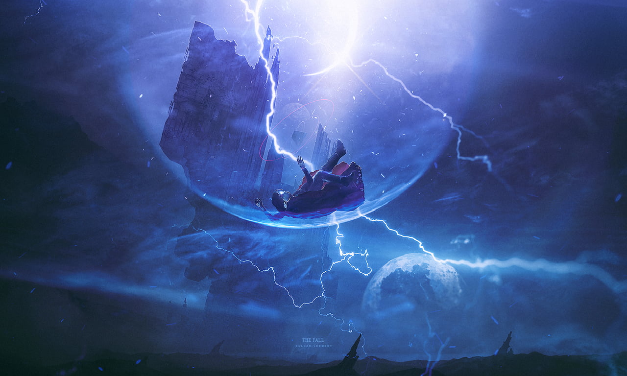 1280x768 Fantasy character illustration, space, falling, storm, fantasy art HD wallpaper