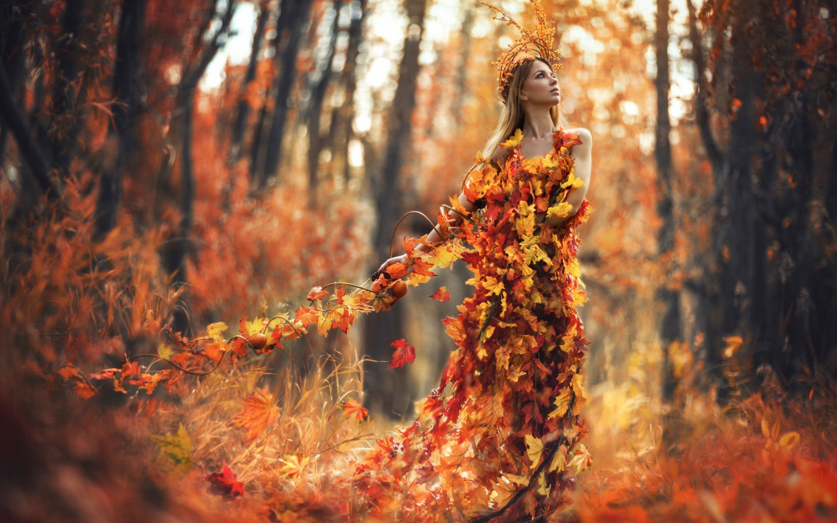 2880x1800 autumn, Fall, Landscape, Nature, Tree, Forest, Leaf, Leaves, Path, Trail, Mood, Women, Woman, Fantasy, Female, Girl Wallpaper HD / Desktop and Mobile Background