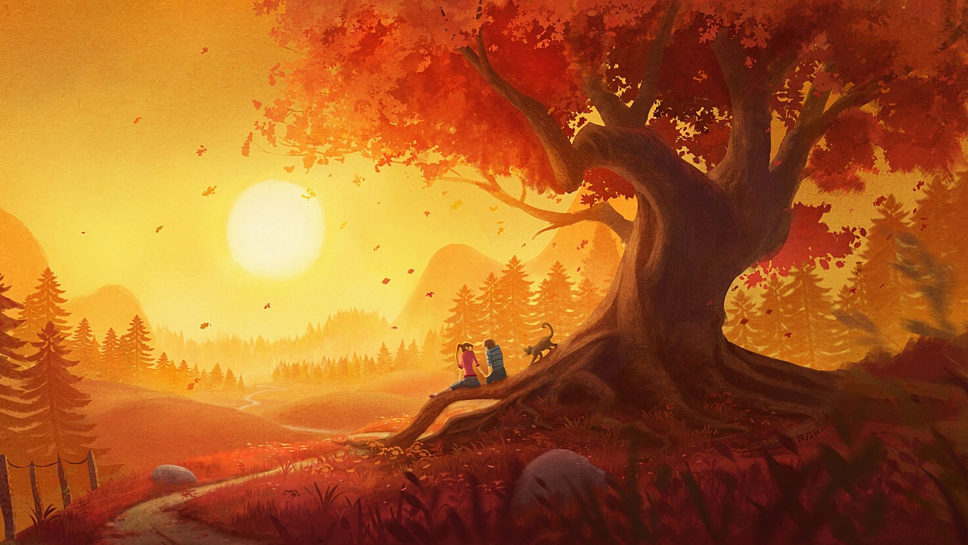 1920x1080 Desktop wallpaper: Couple, Love, Fantasy, Cat, Fall, Romantic, Sunset, Tree 4K free download for PC. 976321