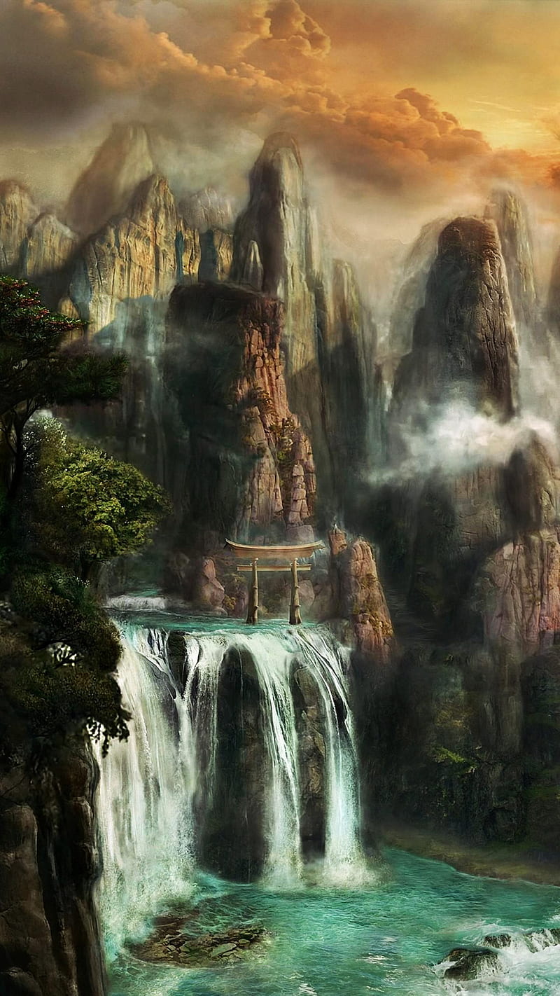 800x1422 Fantasy waterfall, fall, fantasy, mountains, water, HD phone wallpaper