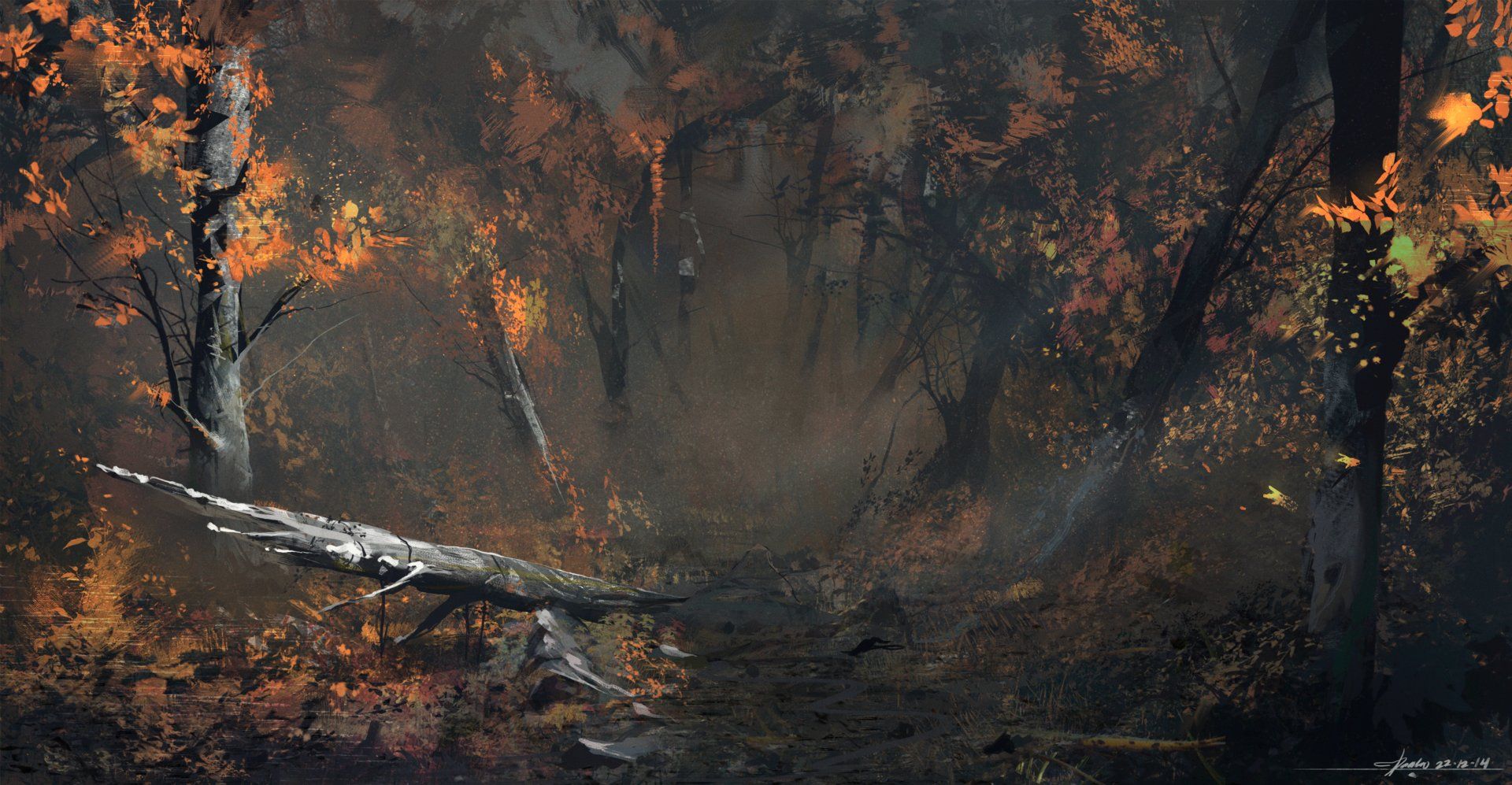 1920x997 Desktop wallpaper: Fantasy, Forest, Fall, Leaf, Tree 4K free download for PC. 861013