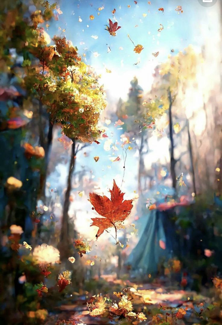 736x1074 Dreamy Artwork: Leaves Floating in the Air. Fall fantasy wallpaper, Autumn fantasy background, Surreal autumn