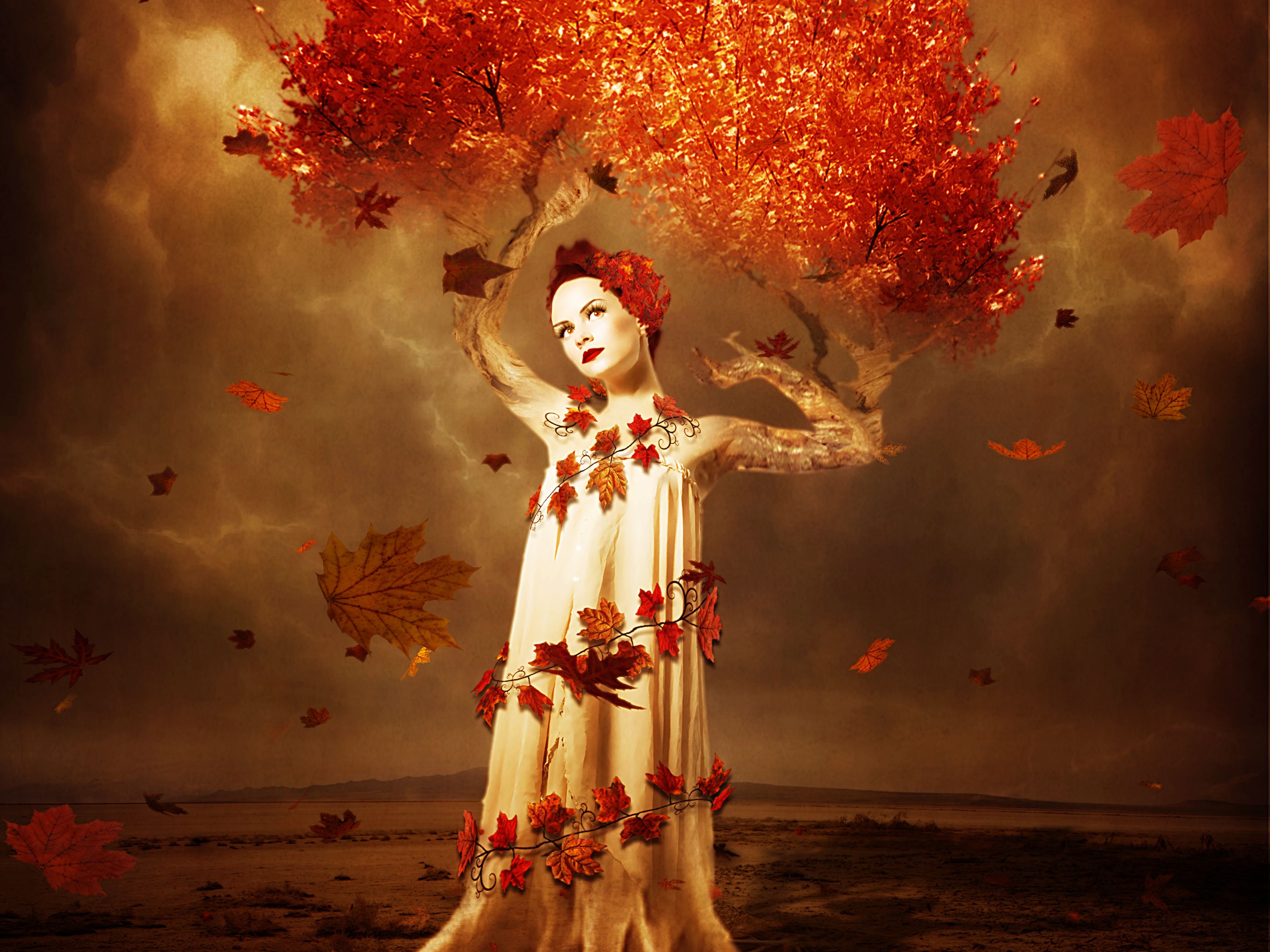 3152x2364 Phone wallpaper: Women, Artistic, Fall, Fantasy, Leaf 773835