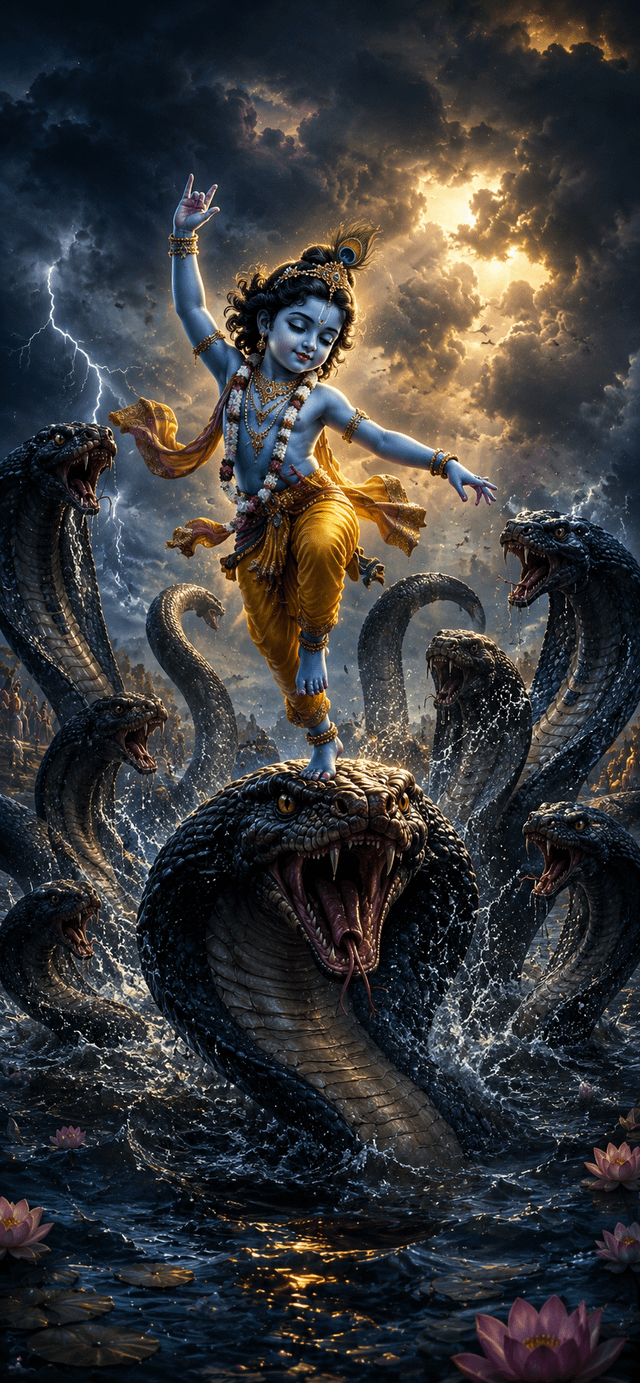 640x1383 Child Krishna calmly dances on vicious kaliya