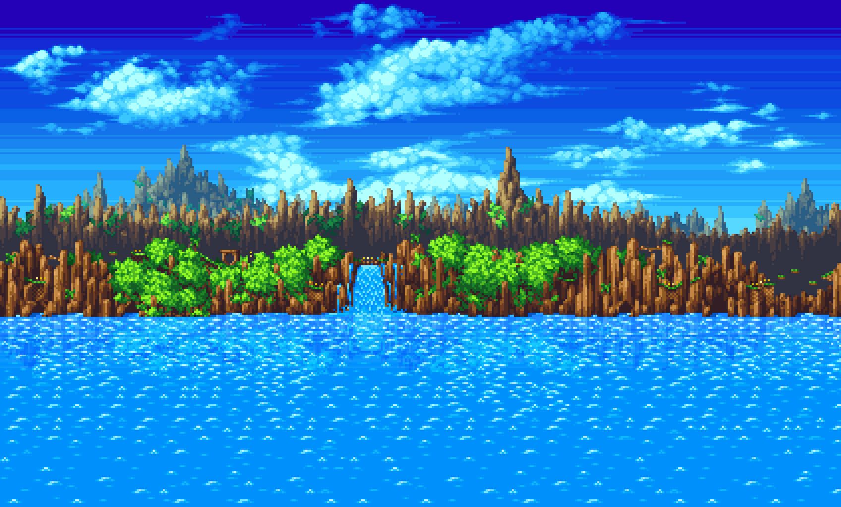 1696x1024 Download Sonic Waterfront Greenery Pixel Art Wallpaper