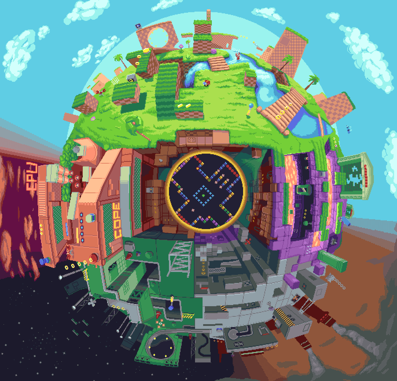 1372x1314 I have made a Sonic the Hedgehog pixel globe animation [A]