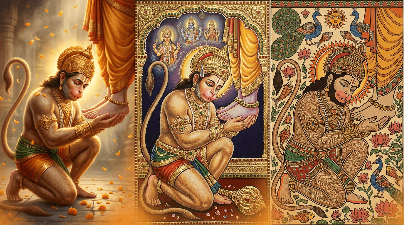 1376x768 Hindu Devotional Artwork: Lord Hanuman Surrendering to Lord Rama