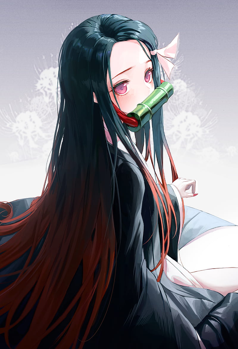 800x1172 Anime, anime girls, Kamado Nezuko, simple background, long hair, black hair, HD phone wallpaper