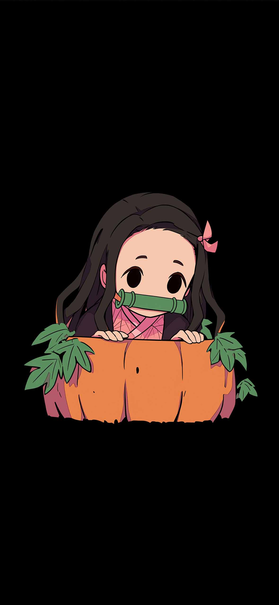 1180x2554 Chibi Nezuko Demon Slayer Pumpkin Black Wallpaper iPhone HD