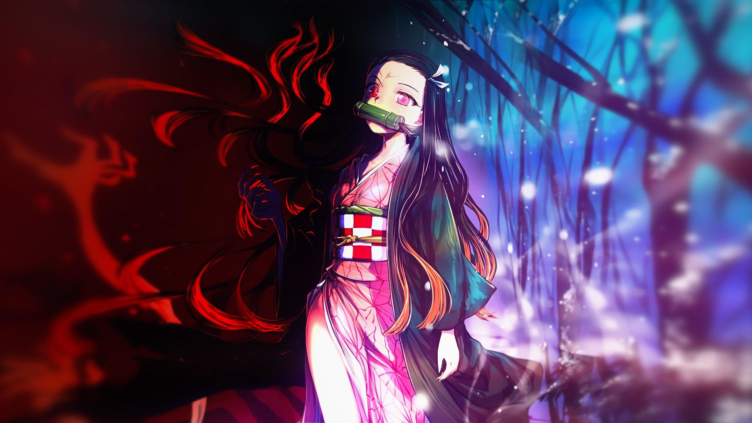 2560x1440 Demon Slayer Nezuko Kamado With Background Of Red Black And Blue Abstract HD Anime Wallpaper