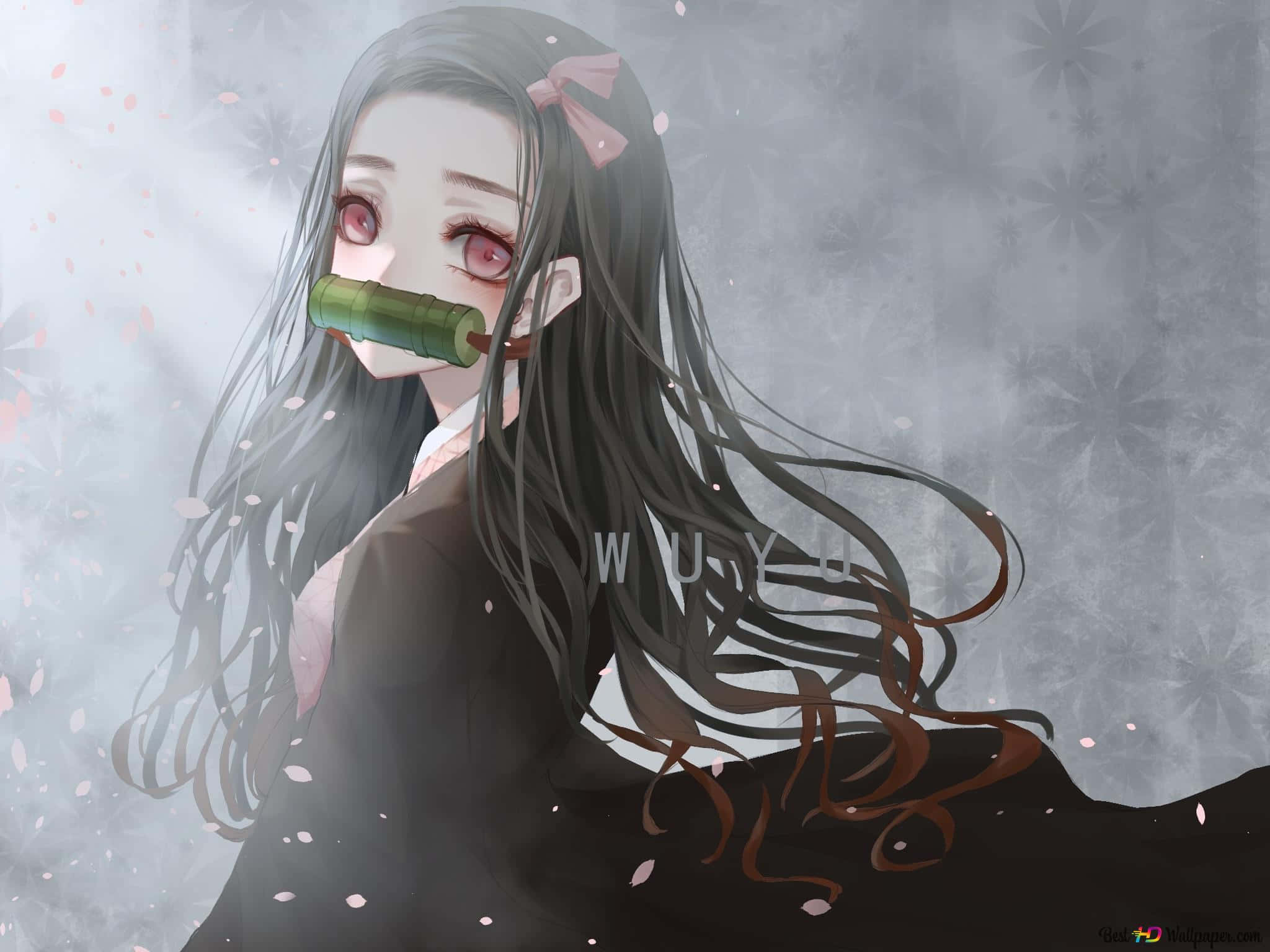 2048x1536 Download Cute Nezuko Kamado Demon Slayer With Black Kimono Wallpaper