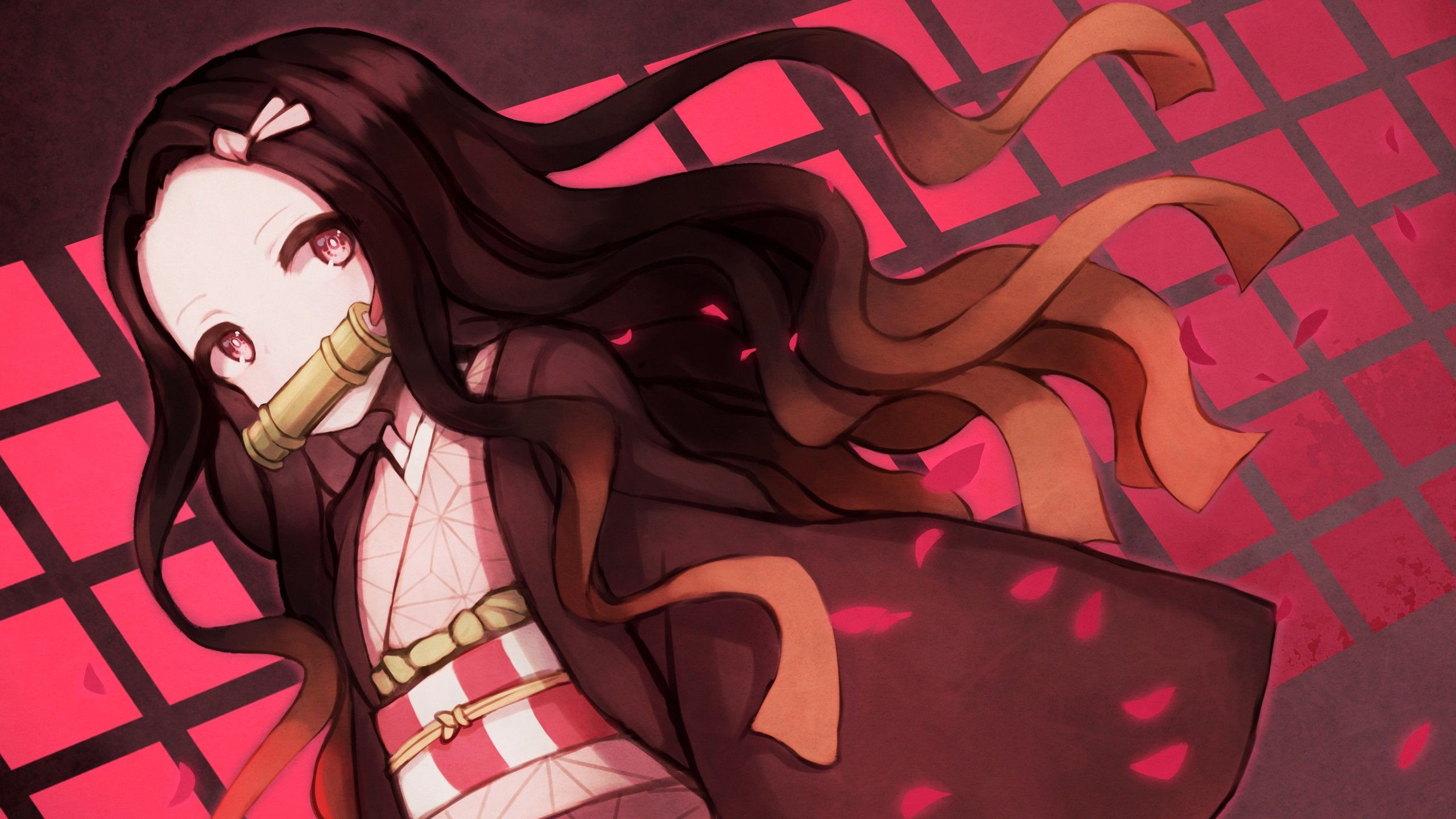 2560x1440 Demon Slayer Nezuko Kamado With Long Hair With Background Of Red And Black Line Window HD Anime Wallpaper