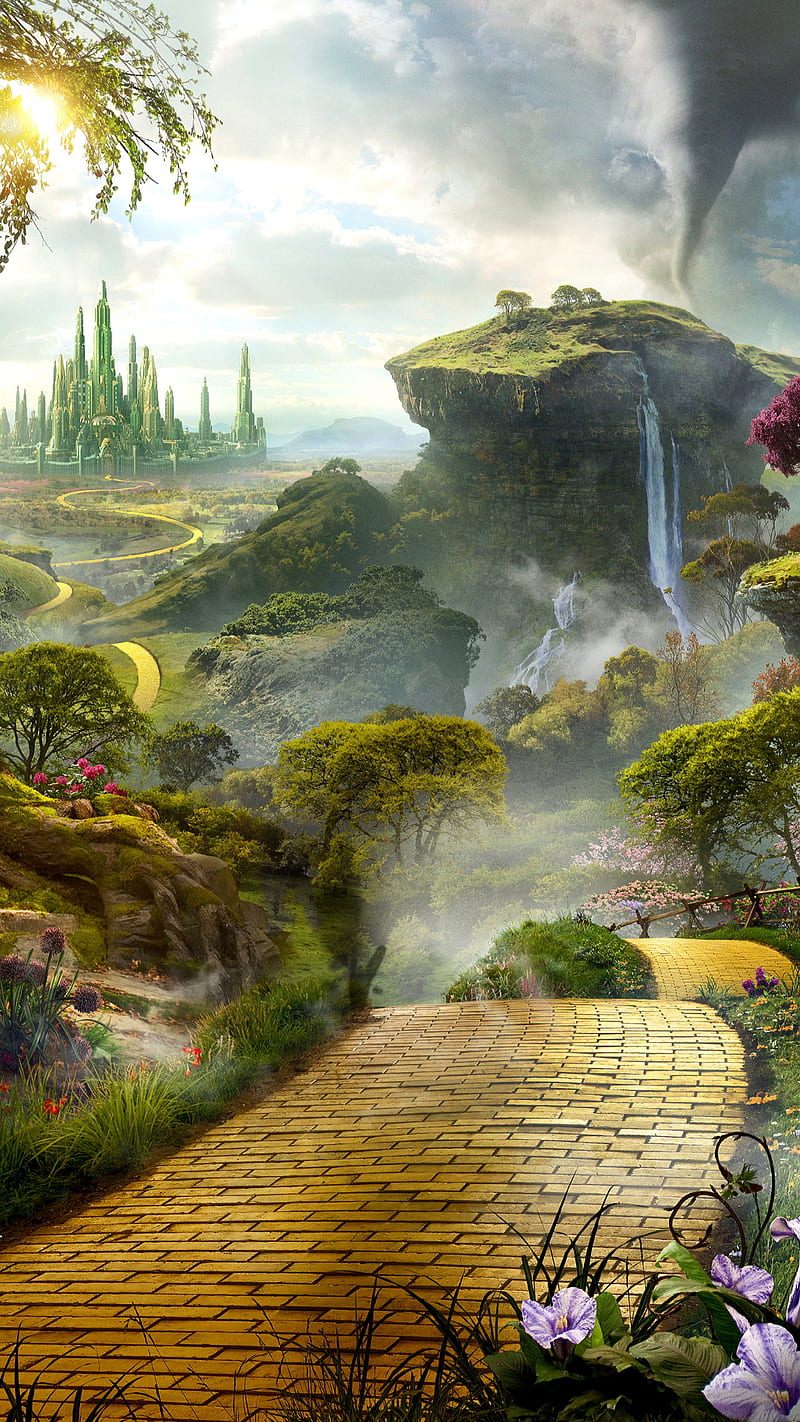 800x1422 Nature, 3D, digital, drawings, fantasy, flowers, green, waterfall, HD phone wallpaper