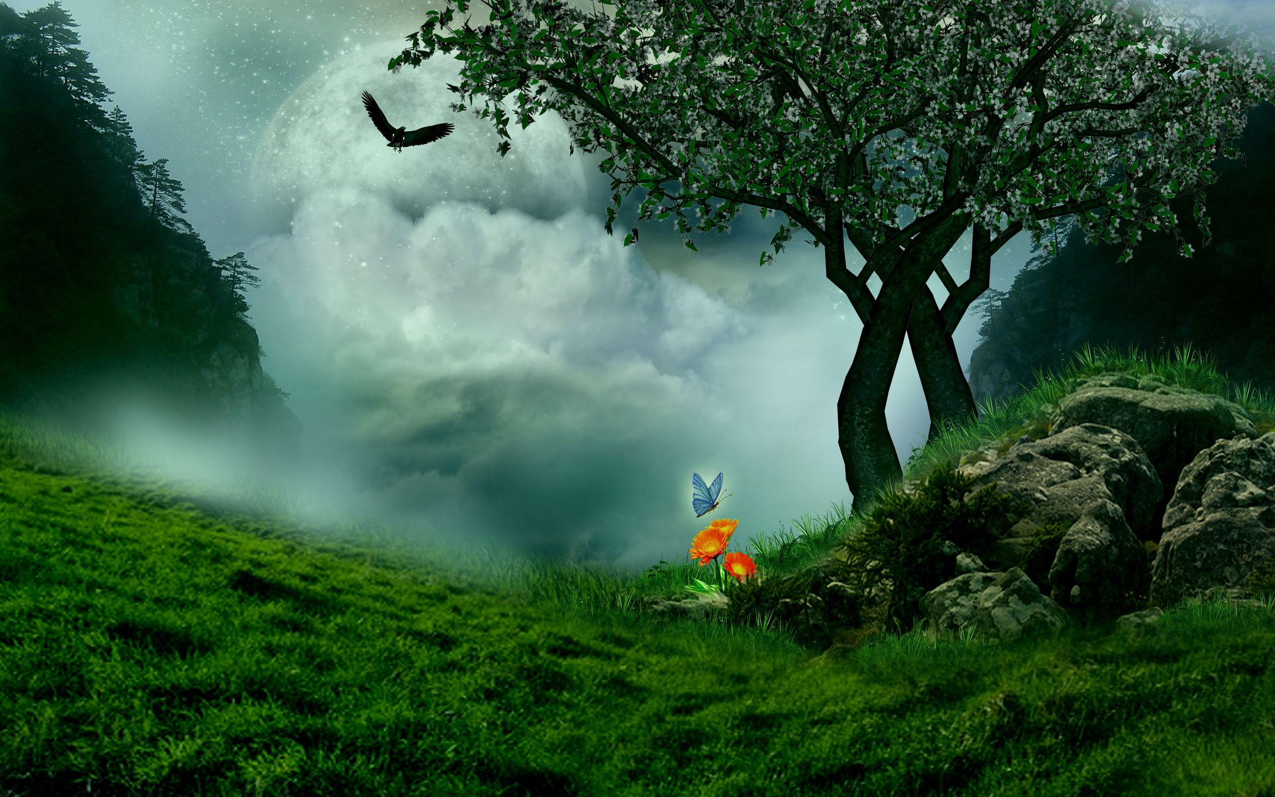 2560x1600 landscape, Fantasy, 3D, Art, Flowers, Birds, Butterfly Wallpaper HD / Desktop and Mobile Background