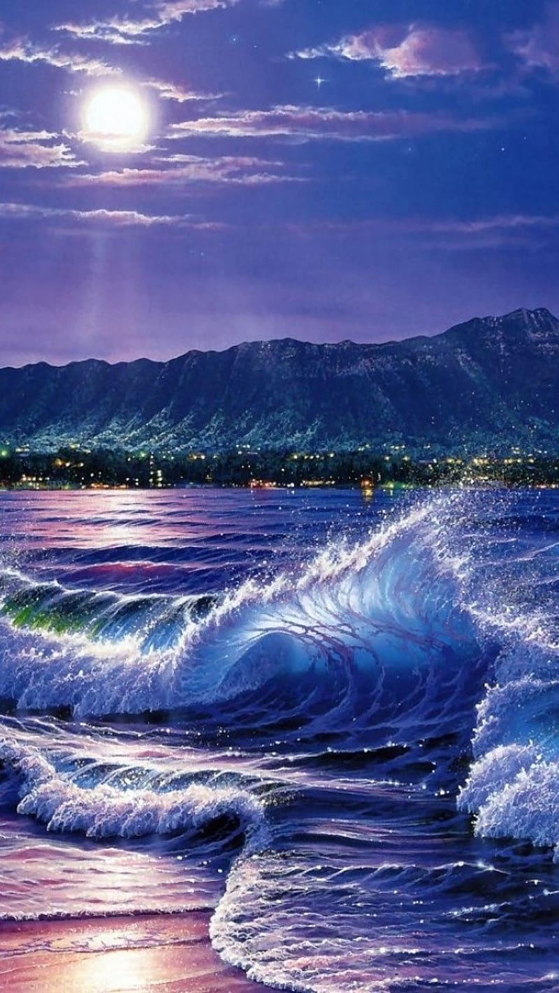 800x1421 3D Scenery, Beach Fantasy Art, sea city painting, night beach art, HD phone wallpaper