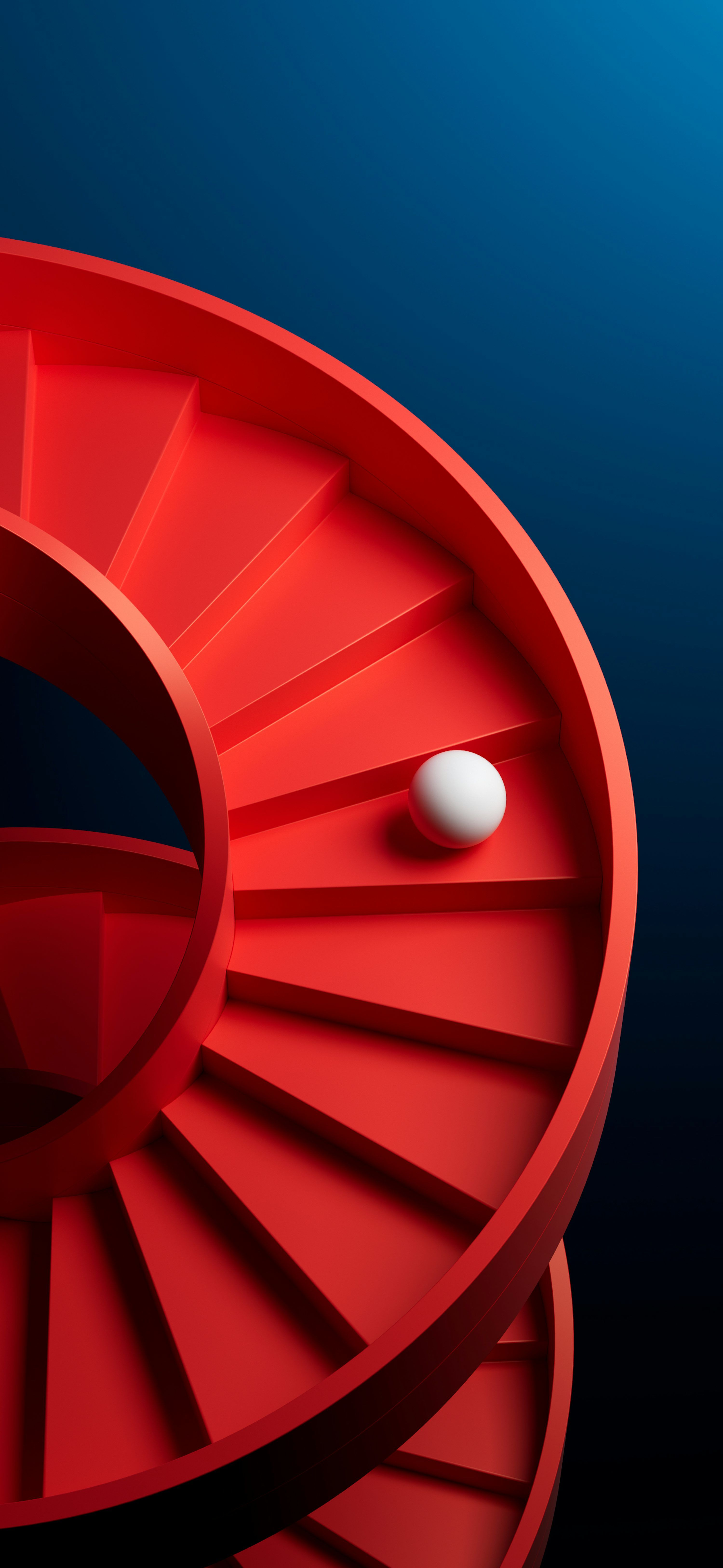 3000x6505 A ball rolls down a red spiral staircase