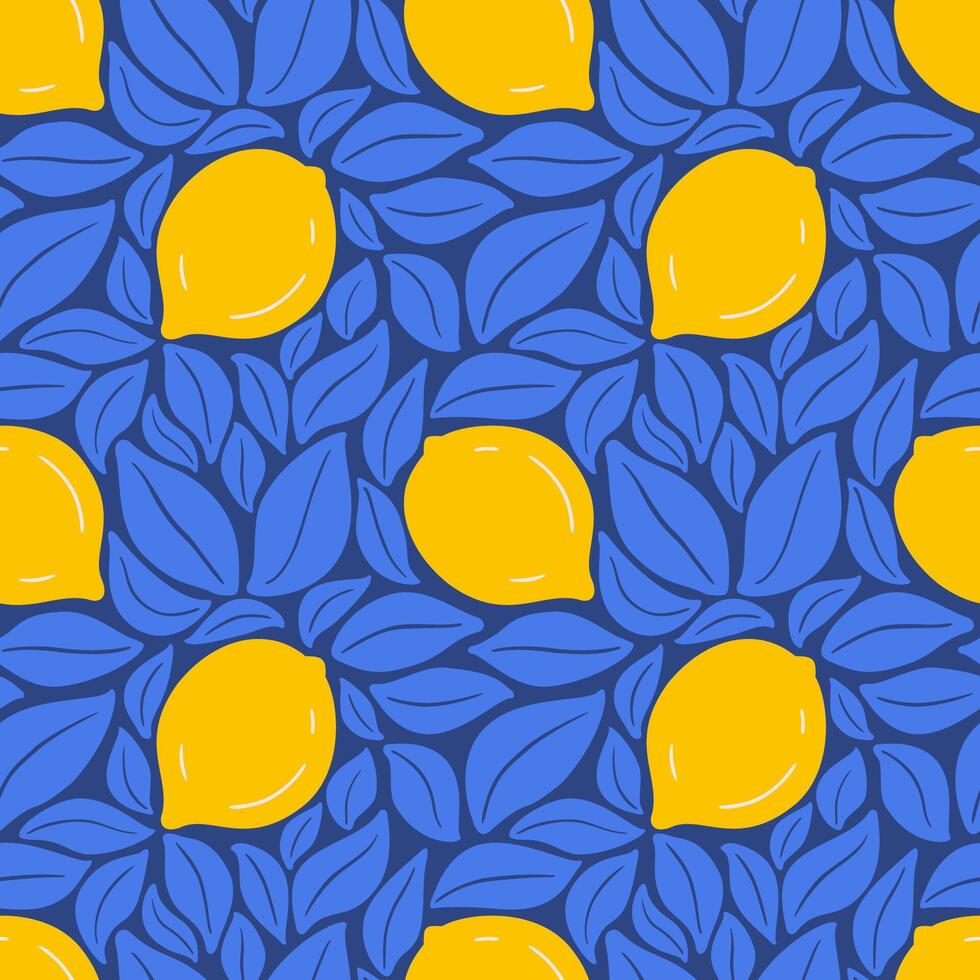 980x980 Yellow Lemon Fruits on the Blue Leaves Floral Background. Citrus Seamless Pattern inspired by Italy. Mediterranean Coastal Summer Wallpaper Design Backdrop