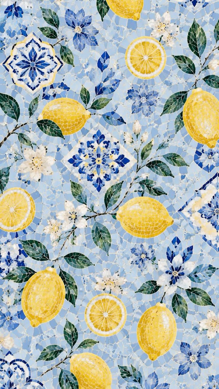 736x1308 Blue Lemon Mosaic Wallpaper. Mediterranean Aesthetic Phone Background